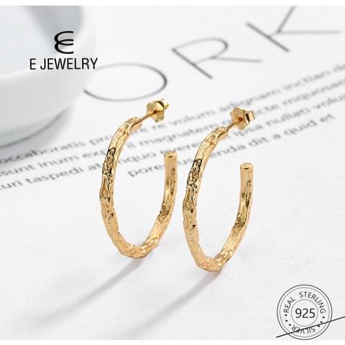 E Jewelry 925 Sterling Silver Gold Irregular C Hoop Earrings for Women Simple Geometric Korean Statement Personality Earring