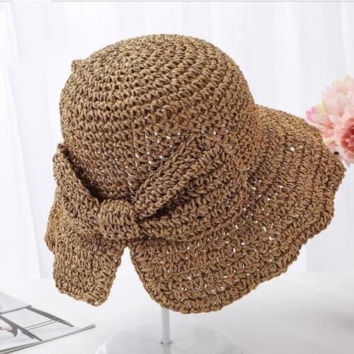 Seioum Parent-child 100%Raffia Bow Sun Hat Wide Brim Floppy Summer Hats For Women Beach Panama Straw Dome Bucket Hat Femme Shade