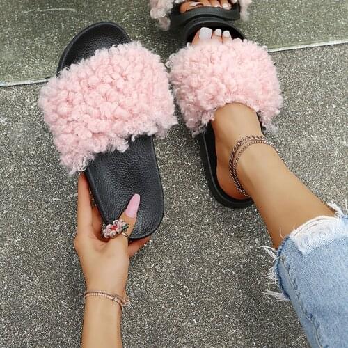 Faux Fur Slides Women Fluffy Slippers Faux Fur Flat Non-slip Woman Home Flock Slippers Pink Cute Furry Flip Flops Plush Shoes