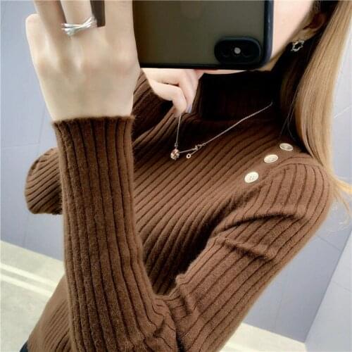 Ladies Half-high Neck Slim Button Sweater Style Pullover Woman Thickened Inner Style Knitted Bottoming Shirt Tide Autumn Winter