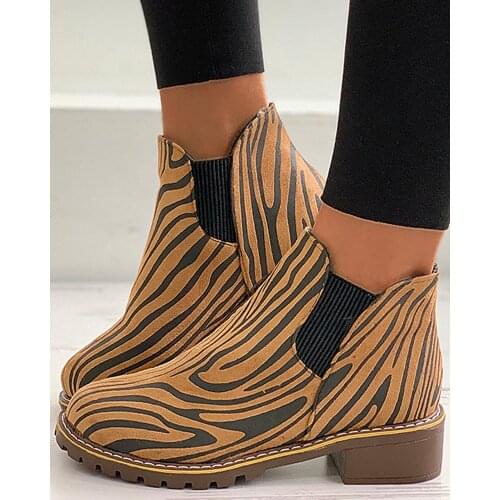Trend Women Zebra Striped Chelsea Boots Platform Chunky Heel Sewing Non Slip Rubber Sole Vogue Sexy Shoes Ladies Female Pop