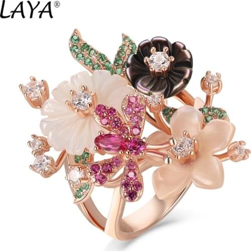 Laya Ring For Women High Quality Red Green White Zircon Natural Shell Flower 925 Sterling Silver anillos Fashion Jewelry