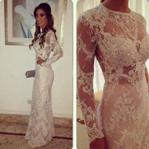 Robe De Soiree 2020 Sexy O-Neck Lace Long Sleeve Mermaid Evening Dress Formal Women Muslim Evening Prom Gowns