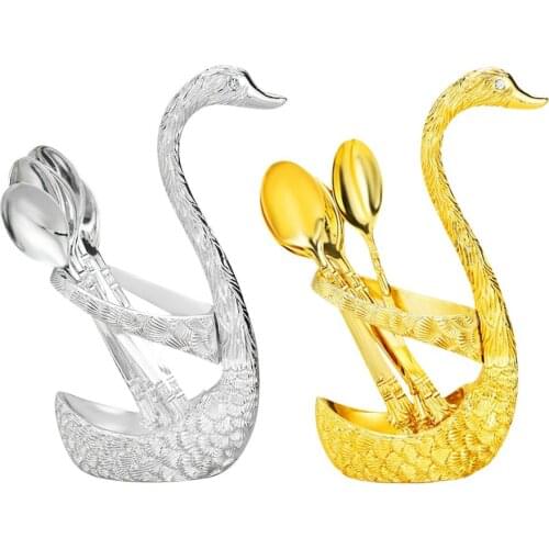 7PCS Swan Fruit Base Holder Forks Set Stainless Steel Salad Dessert Forks Coffee Spoon Cake Tableware Kitchen Tools & Gadgets