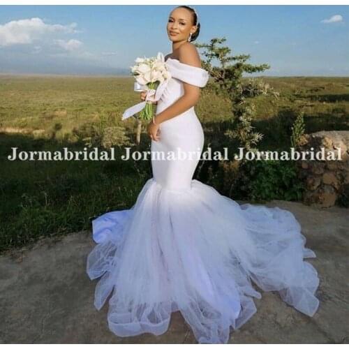 White Mermaid Wedding Dresses One Off Shoulder Pleats Satin Tulle Skirt African Women Bridal Dress Customize Beach Wedding Gowns