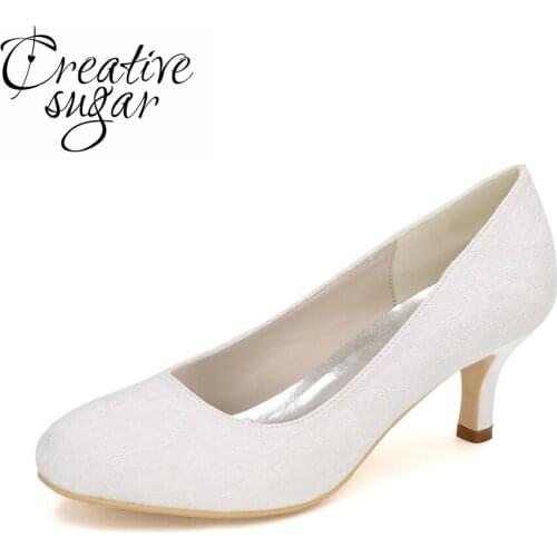 Creativesugar Round toe lace medium low heel dress party shoes fairy tale wedding bridal prom party elegant white pink blue blac