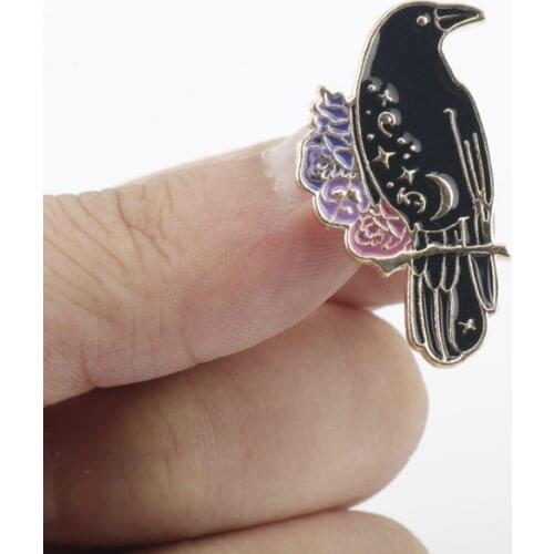 Enamel Gothic Raven Pins Brooches Cartoon Bird Button Badge Fantasy Book Witch Animal Jewelry Gift For Friends Kids