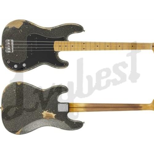 Customized body and headstock electric guitar bass ash wood body, poly rlic,old aged parts, solid black with with gold gliter