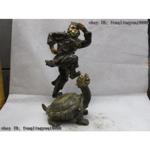 Classic Bronze Copper Gilt China fable Song Wu Kong Monkey King step on tortoise