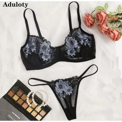 Aduloty New sexy womens embroidered underwear set thin mesh see-through underwire gather bra panties erotic lingerie thong set