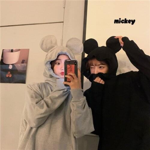 Korean Autumn Winter New Sweatshirt Cute Cartoon Mouse Ear Oversized Hoodies Pullover Loose Lazy BF Style Full Sleeve Sweatshirt