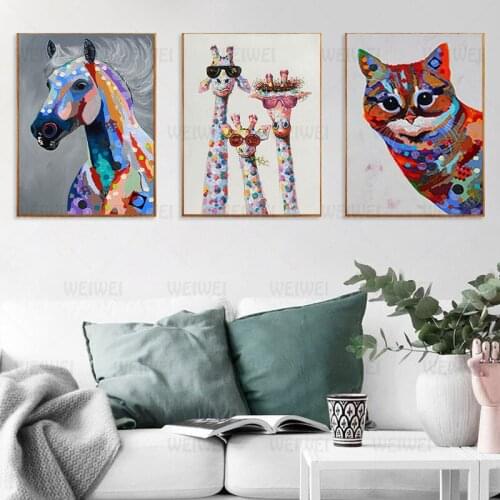Colorful Cute Giraffe and Horse and Cat Canvas Painting Cartoon Animal Posters and Prints Wall Pictures for Living Room Decor
