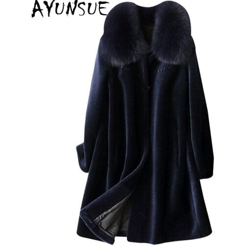 AYUNSUE 2021 Real Fox Fur Coat Female Winter 100% Sheep Shearling Coats Women Warm Elegant Wool Jackets Casaco Feminino Gxy207