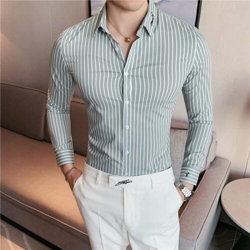 2021 Embroidery Striped Shirts Men Long Sleeve Slim Casual Shirt Fashion Business Formal Dress Shirt Office Social Male Clothing