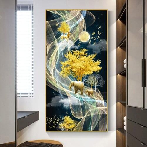 New Chinese Style Abstract Line Golden Tree Elephant Deer Poster Print Canvas Painting Wall Picture for Living Room Home Decor