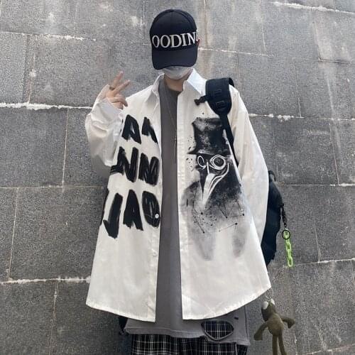 Autumn Retro Long-Sleeved Shirt Street Style Commuter Womens Shirt Spoof Graffiti English Print Shirt Mens Long-Sleeved Shirt
