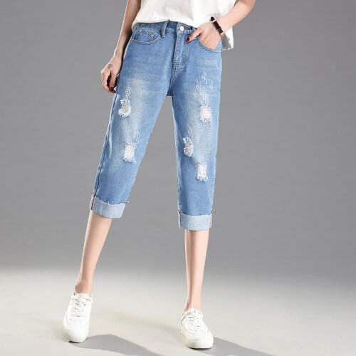Ripped Hole Summer Skinny Jeans Women Denim Capris Pants Elastic High Waist Jeans Woman Stretch Slim Jeans Calf Length Jeans D22