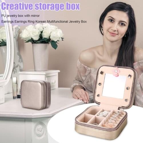 Multi-function Small Square Shaped Jewelry Box Earrings Rings Organizer with Mirror Travel Portable PU Leather Necklace case
