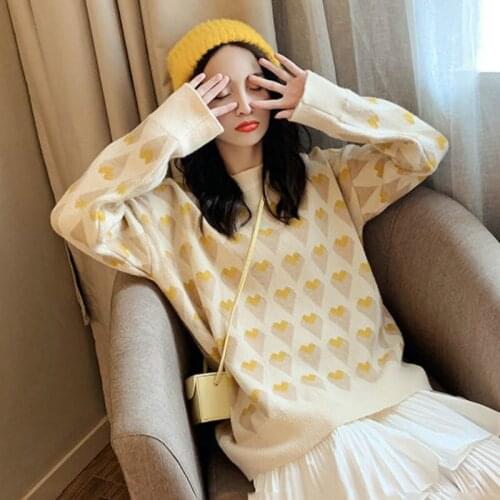 Korean Preppy Style Sweet Girl Vintage Gentle Lolita Sweater Harajuku Soft Sister Love Pattern Puff Sleeve Offiec Lady Pullover