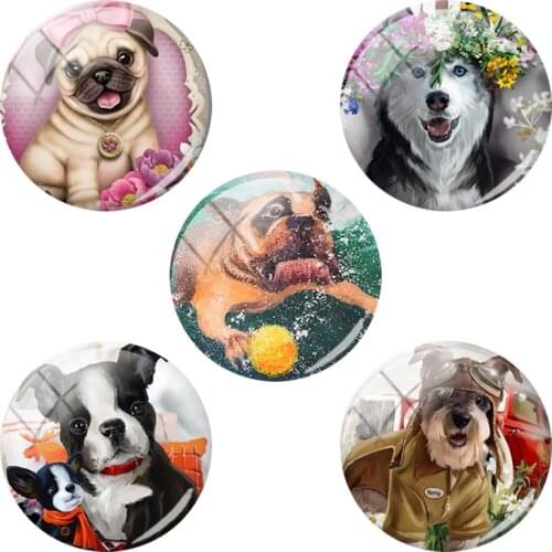 TAFREE mix Cute dog 12/15/16/18/20/25/30/35/40 mm Round Glass Cabochon Demo Beads Flat Back Findings DIY Earring Keychain DG100