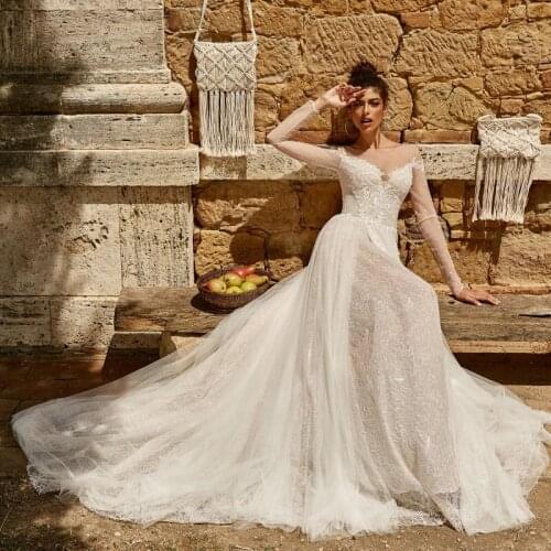 Thinyfull Elegant Sheer Scoop Neck Wedding Dresses A Line Long Sleeve Bride Dresses Tulle Button Lace Appliques Bridal Gown 2020