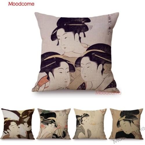 Traditional Japanese Wood Block Print Geisha Decorative Car Pillow Ukiyoe Master Utamaro Art Home Decor Sofa Cushion Cover Case