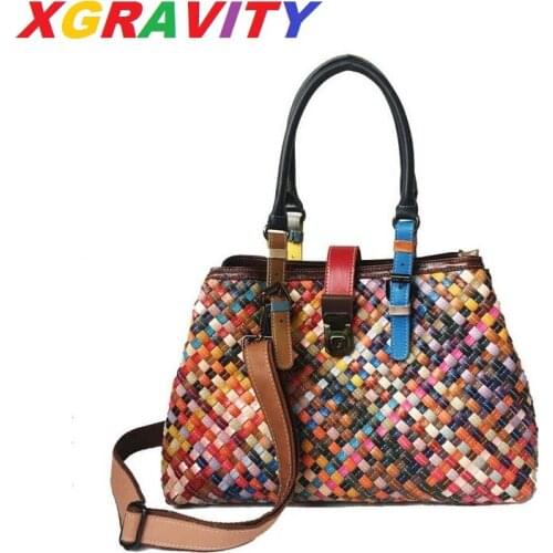 XGRAVITY Luxury Branded Knitted Cow Genuine Leather Fashion Bags Colorful Weave Ladies Messenger Bags Mix Color Female Handbags