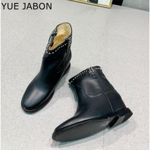 New Ankle Boots for Women Flat Heel Genuine Leather Boots Black White Botas Feminina Rivets Shoes Height Increasing Retro Style