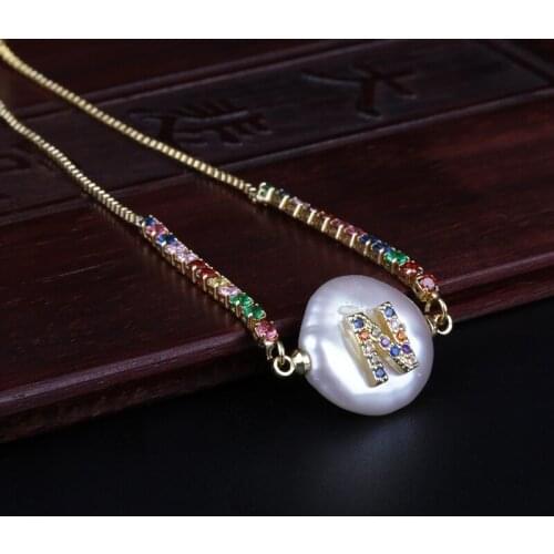 Rainbow Colors Cz Cubic Zirconia Initial N Alphabet Letter Name Natural Freshwater Pearl Gold Rainbow BraceletS For Women Girl