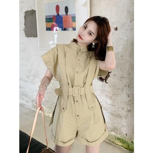 Butterfly Sleeve Overalls Womens Summer Korean-Style Stand Collar belt Slim Short Wide Leg Safari Style Solid Romper Playsuit