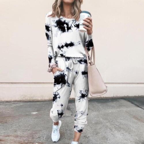 2Pcs 2021 Ladies Suit Women Tie Dye Jogger Suit Long Sleeve Round Neck Pants Sleepwear Loungewear