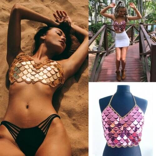 Women Summer Mermaid Beach Camis Sequin Crop Tops Backless Halter Bralette Party Club Camisole