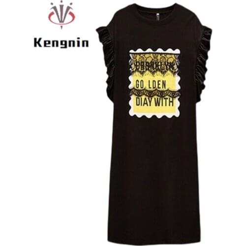 Mid-Long T-Shirt Black Dress 2021 Summer Dress Women Oversized Dresses Lady Dress Vestidos Cotton Petal Sleeve Robe Dress KE1351