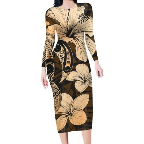 HYCOOL Autumn Winter Polynesian Tribal Flower Print Dress Women 2020 New Casual Plus Size O Neck Full Sleeve Sexy Bodycon Dress