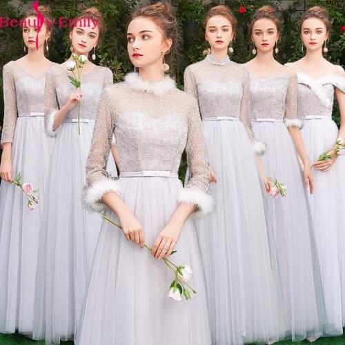 Beauty-Emily Cheap Long Tulle Illusion Gray Bridesmaid Dresses 2020 A-Line Vestido De Festa De Casamen Formal Party Prom Dresses