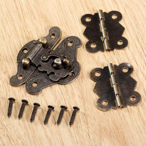 1Pc Vintage Cabinet Jewelry Chest Suitcase Box Latch Hasps Clasp Buckle with 2Pcs Butterfly Hinges and Screws Furniture Hardware