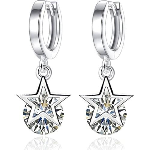 100% 925 sterling silver fashion star design shiny crystal drop earrings for women wholesale jewelry gift drop shipping