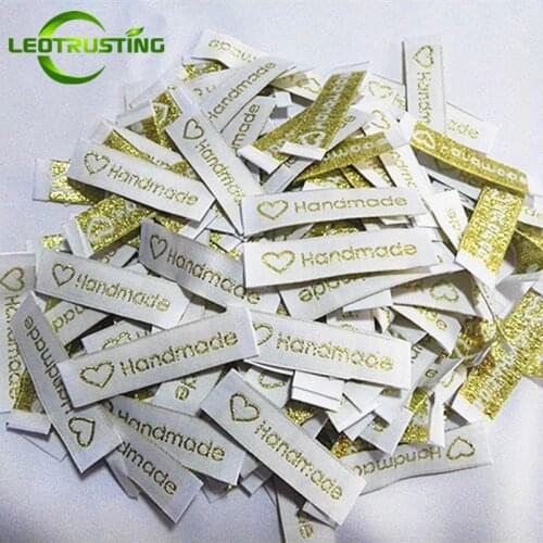 120pcs/Lot Stock Clothing Label Tags White Woven Labels Handmade With Love 15x60mm End Folded Metallic Gold Embroidered Labels