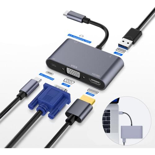5 in 1 USB 3.0 Hub For Computer VGA Laptop Adapter PD Charge 5 Ports HDMI 4K 3.5mm Audio Notebook Type-C Splitter Dock Station