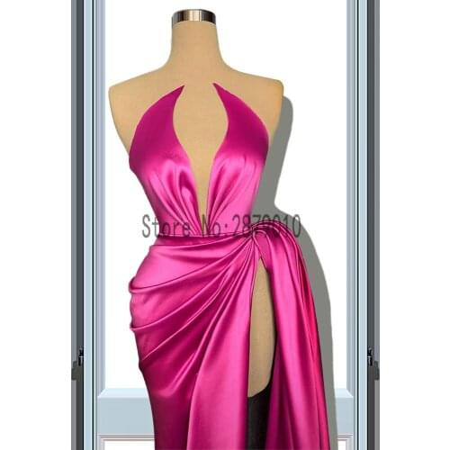 Simple Mermaid Satin Evening Dresses Strapless High Split Sexy Evening Gowns Formal Prom Party Dress