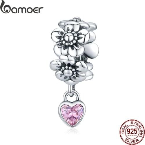 Bamoer 925 Sterling Silver Heart Pendant Flower Charm fit Original Bracelet Beads for Women Jewelry Making Fine Jewelry SCC1485