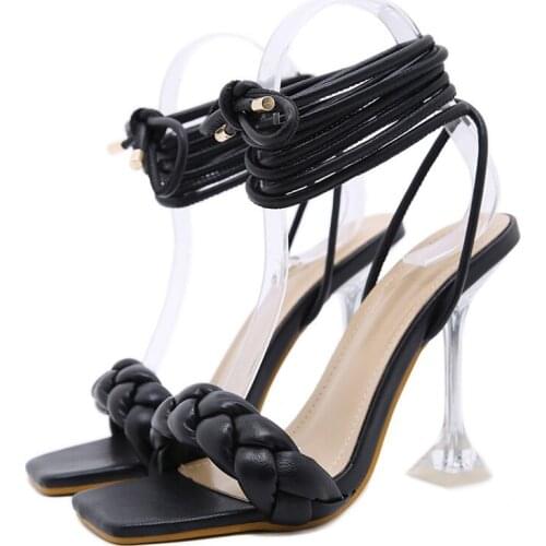 Fashion Design 2021 New Summer Weave Women Sandals Transparent Elegant woman High heels Ladies Lace-up Sandals Open Toe Shoes