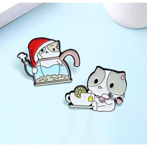 Cute Cats Cup Enamel Pin Teacup Teapot Grey cat Brooches Bag Lapel Pin Cartoon Animal Kitten Badge Jewelry Gift for Kids Friends