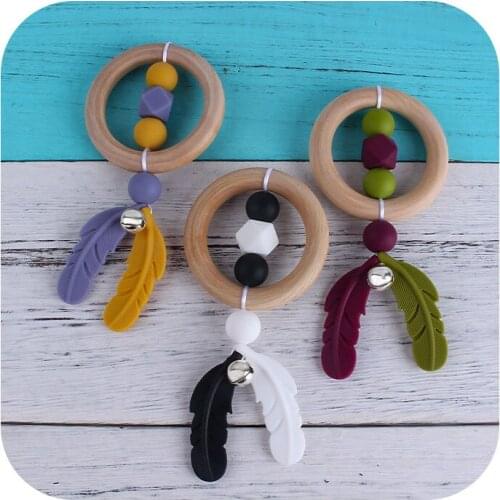 Baby Teether Cartoon Beech Wood Ring Newborn Hand Rattle Teething Toy Safe Silicone Toddler Hanger Toy Oral Care Teething Stick