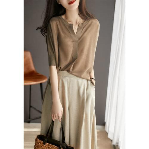 Elegant Knitted Asymmetrical Women T-Shirts Summer New 2021 Loose Solid Lightweigth Office Lady Outwear Pulls Tops Tees
