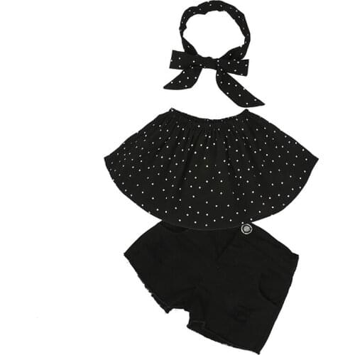 Hooyi Summer Fashion Outfit Set for Girls Off Shoulder Shirt Ruffle Strapless Dot Tube Top Black Ripped Short Jeans Headband