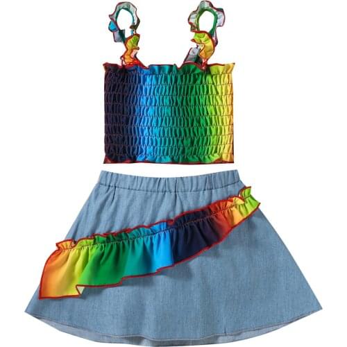 Fashion Kids Girls Summer Clothes Sets 2pcs Colourful Printed Sleeveless T Shirts Tops Ruffle Casual Skirt Outfit 1-6Y