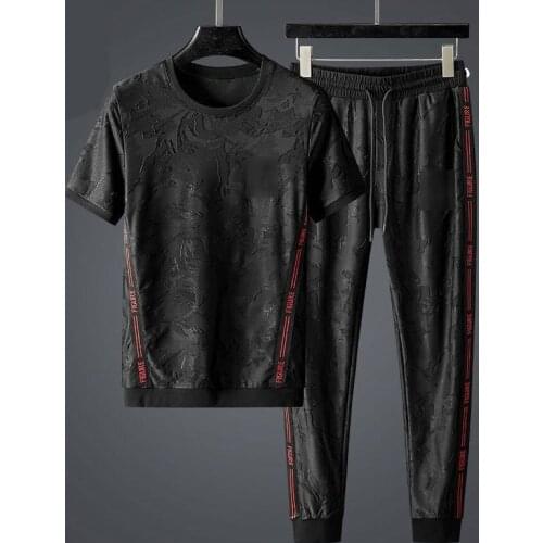 2020 European and American new luxury sports suit mens summer and autumn stitching loose large size one casual two-piece suit