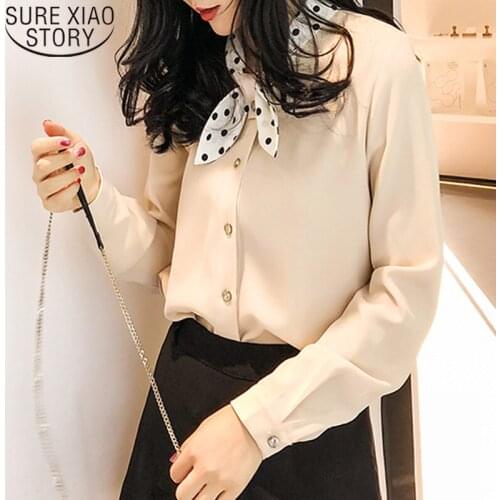 New Autumn Sweet Point Tie Elegant Women Shirts Chiffon Shirts Solid Apricot Womens Tops and Blouses Fashion Plus Size 7095 50