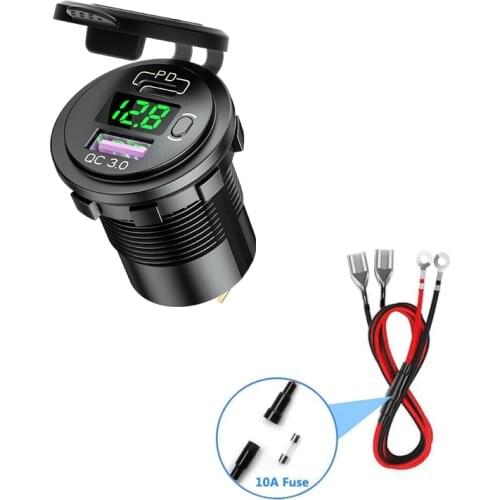 PD Type C USB Car Charger Switch QC 3.0 Quick Charger Waterproof 36W Charger Power Delivery Voltmeter With 10A Fuse 60cm Cable